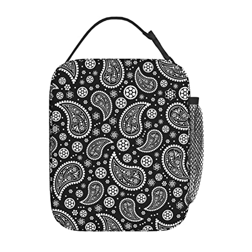 YETTA YANG Black And White Paisley Portable Lunch Bag Insulated Lunch Box Reusable Totes For Women Men Work Picnic Camping