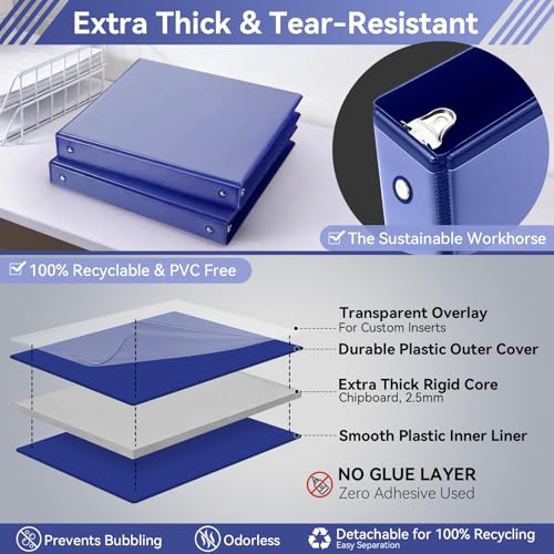 Image of SUIN 1 Inch 3 Ring Binder, Clear 1'' View Presentation Binders with 2 Pockets, Fits 8.5 x 11 Letter Size, Durable Polypropylene, Non-Stick & PVC-Free for School, Office & Home (Navy Blue)