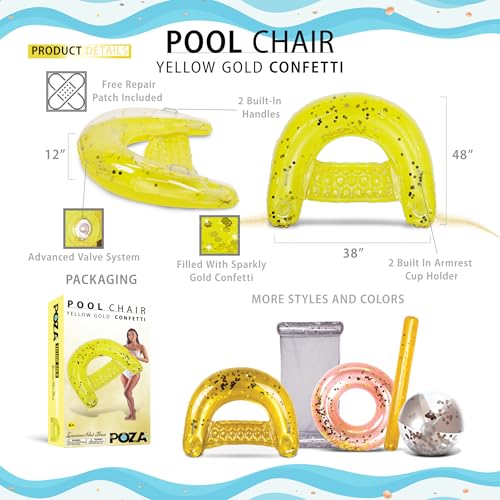 Image of POZA Inflatable Pool Float Chair - Luxurious Lounger Filled with Sparkle Confetti, 2 Built in Cup Holders & Handles, Water Floating Chair for Beach, Lake & Swimming Pool - 48 x 38 Inch