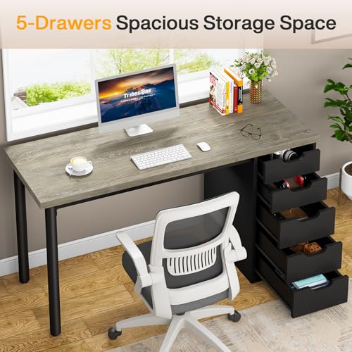 Image of Tribesigns Computer Desk with 5 Drawers, 47 inches Rustic Brown Home Office Desk with Storage, Modern Simple Laptop Desk Study Writing Table for Small Spaces (1, Grey+Black)