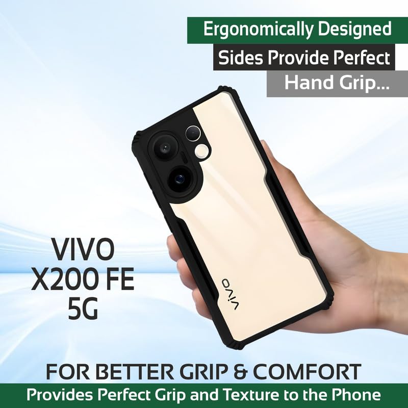 Image of AIBEX Compatible for Vivo X200 FE 5G Mobile Back Case Cover, Crystal-Clear Shockproof Bumper with Camera Guard | 360 Hybrid Protection (TPU+PC) | Anti-Yellow, Slim Transparent - Black