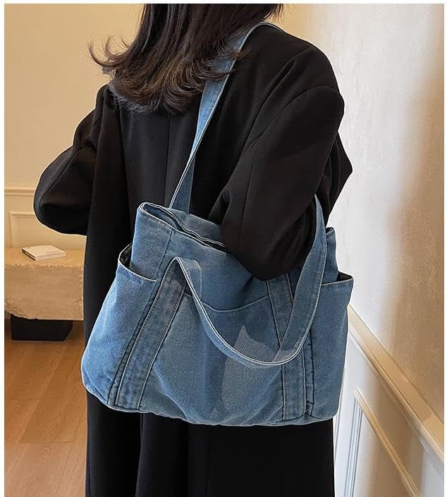 Casual Denim Tote Bag, Multi Pocket purse for Women,Canvas Handbag, Light Blue - Image 5