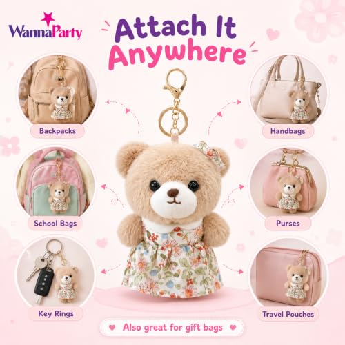 Image of Wanna Party Teddy Bear Plush Keychain, Cute Soft Bear Bag Charm with Floral Dress & Gold Metal Chain