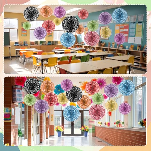Image of 18 Pack Composition Notebook Paper Fans Classroom Decor, Pastel Textured Hanging Paper Fans Round Bulletin Board Decor for Teacher Bulletin Board Classroom Wall Decoration Party Supplies