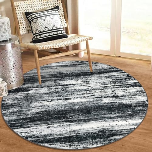 KOZYFLY Modern Abstract Round Area Rug 3Ft, Washable Kitchen Rug Non-Slip Soft Small Bathroom Circle Rug, Black Navy Blue Grey Striped Entryway Rugs Faux Wool Doormat for Bedside Entrance Sink