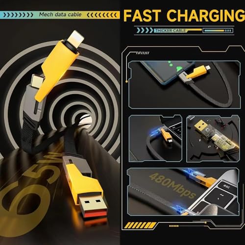 Image of NISHTECH 4 in 1 Charging Cable Fast Charging 65W, USB C Cable 4-in-1 USB Multi Charging Cable| Supporting Tunderbolt Port,Type C Lightning,Type A For All iPhones Android Tablets & Laptop (Yellow)