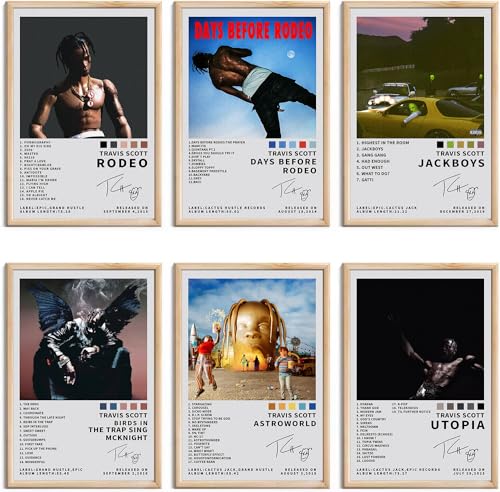 Travis Scott Affiche - Signée, Rappeur, Musique, Impressions de couverture d'album limitées, Toile, Art mural, Lot de 6 pour la chambre, Décoration...