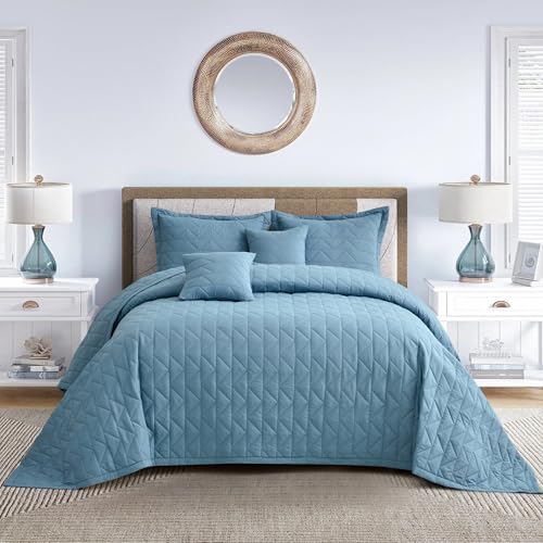 Image of Oversized King Bedspread 128x120 Extra Wide, Geometric Diamond Stitched Quilt Set King /Cal King, Lightweight Reversible Coverlet, Straight Edge - Fresh Modern Look, 5 Piece, Ashley Blue