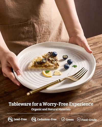 Image of Famiware Pluto Stoneware Dinnerware Sets, 12-Piece Double Reactive Glaze Plates and Bowls Sets, Dishware Sets for Everyday & Formal Dining, Irregular Edge Dishes, Service for 4, Matte Beige White