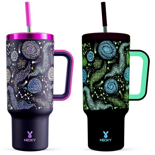 Meoky Glow in the Dark Tumbler: 40 oz Tumbler with Handle and Straw- Stainless Steel Insulated Tumbler for Car Cup Holders - Travelers Commuters Workers (1 Pack Nebula)