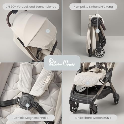 Image of Silver Cross Clic 2024 Airline Approved Cabin Size Travel Stroller /Pram|Foldable & Lightweight |Pull Along Trolly Style|for Newborns, Baby Boy and Girl 0-4yrs Upto 22kgs|Car Seat Compatible - Almond