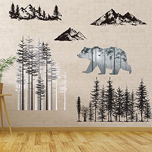 3 Sheets Mountain Forest Bear Wall Decals Stickers Pine Tree Wall Decals Woodland Trees Wall Stickers Deer Forest Decals For Kids Nursery Bedroom Living Room Decor, 11.8 X 35.4 Inches (Bear) #TOP6