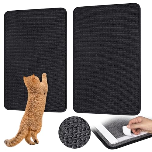 Image of Graciadeco Black Cat Scratching Mat Sisal, 2 Packs Sisal Fabric Large Cat Scratching Pad for Indoor Cats with Adhesive Hook Loop Tape, Wall Scratchers for Indoor Cats 23.6 inch x 15.7 inch