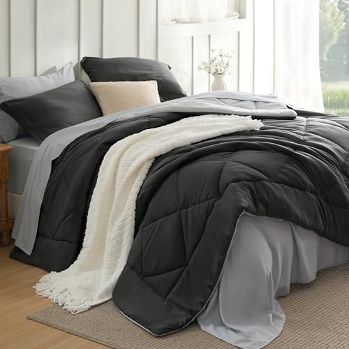 Image of Bedsure Charcoal Grey Queen Comforter Set - 7 Pieces Reversible Bedding, Queen Size Bed Set for All Seasons, Bed in a Bag with Down Alternative Comforter, Sheets, Pillowcases & Shams
