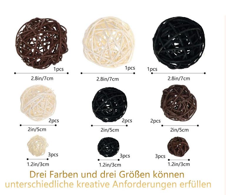 LATRAT 18 Stück Deko Kugeln Rattankugeln Dekokugeln Wicker Rattan Ball, Kugeln Hochzeit Tischdeko Party Hängedeko Aromatherapie Duft Kaninchen Vogel Papagei Kauspielzeug, Schwarz, Weiß, Farbe