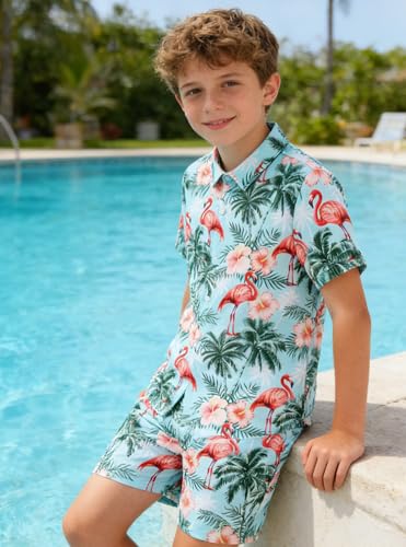Image of UNICOMIDEA Boys Hawaiian Outfits Tropical Print Button Down Shirt + Swim Trunks 2 Piece Sets for 5-12T Kids