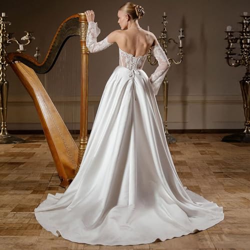 Off Shoulder Long Sleeve Satin Wedding Dresses A-Line Lace Applique Corest Bridal Gowns for Brides4