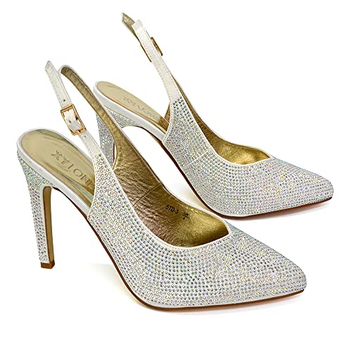 Womens-Bridal-Shoes-Satin-Diamante-Ladies-Slingback-Party-Point-Toe-Court-Shoes-Size-3-8