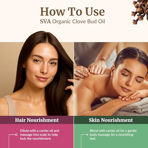 Image of SVA Clove Essential Oil Organic - 4 Fl Oz - 100% Natural Organic Clove Oil - for Diffuser, Hair Care, Face, Skin Care, Aromatherapy, Scalp and Body Massage, Soap and Candle Making - with Dropper