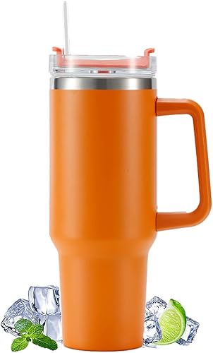 Vaso de 40 onzas con asa y tapa con pajilla, vasos aislados de acero inoxidable, taza de viaje para bebidas calientes y frías, taza de café de viaje