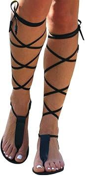 Flat Sandals for Women, Gladiator Sandals Bohemia Summer Beach Sandals Strappy Lace Up Open Toe Knee High Flat Sandal