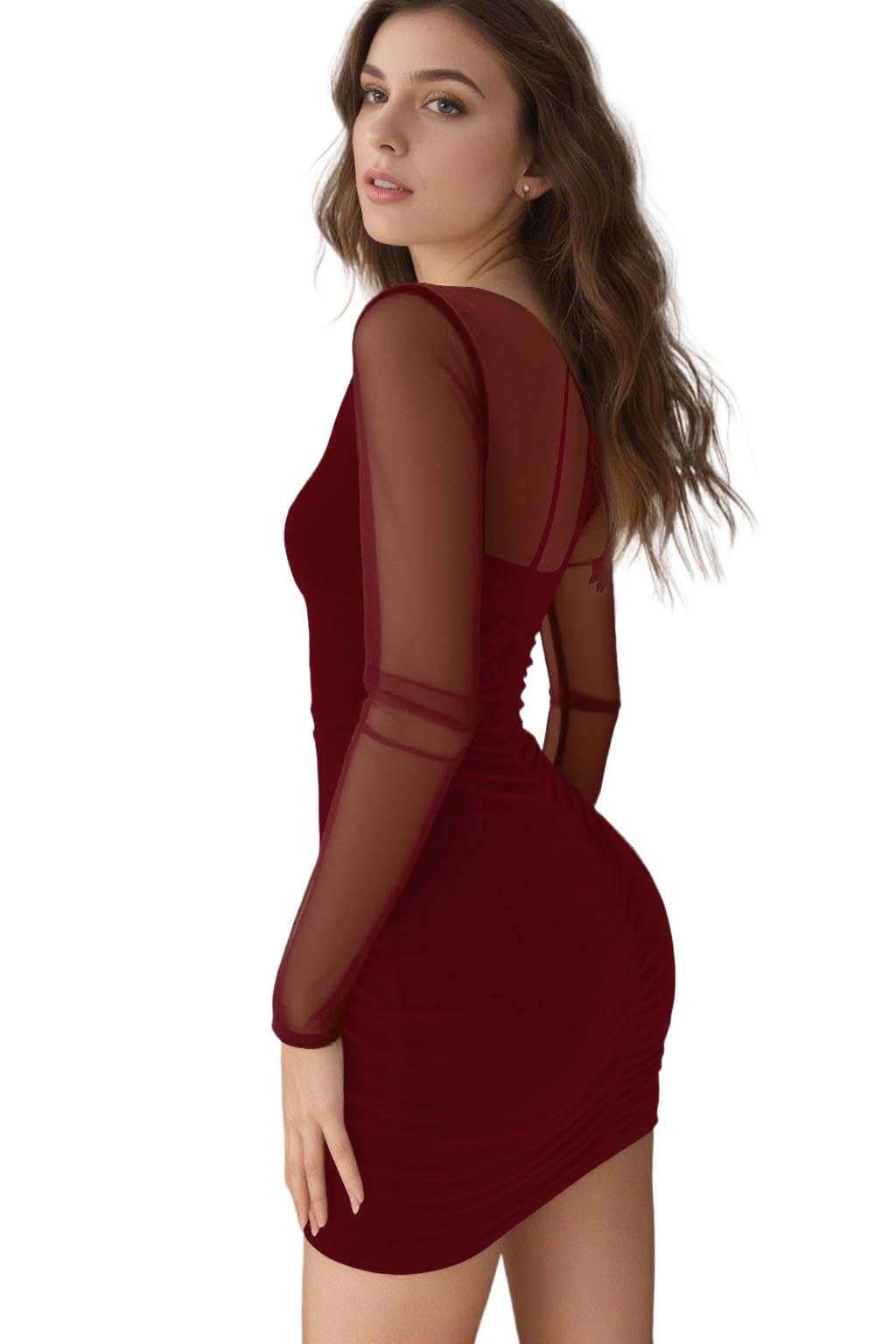 ELFIN Robe Moulante en Maille à Manches Longues pour Femme Sexy Col carré Volants Robes Crayon Mini Tube de Club Dress Cocktail
