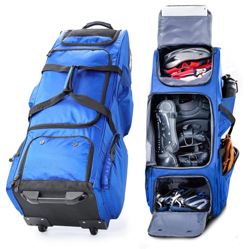 Large Rolling Baseball Catchers Gear Bag with Wheels, Softball Bag with Hard Backing for 4 Bats,Equipment Bag with Separate Shoe & Helmet Compartments, Youth Baseball Bag with 360° Spinner Wheels