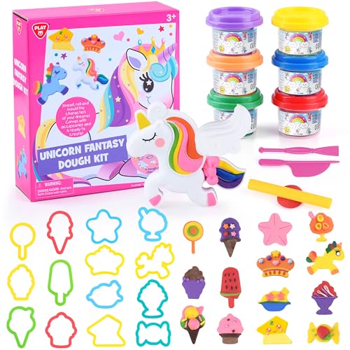 PLAY Juego de plastilina para niños con hielo y unicornio, accesorios para principiantes, amasar a partir de 3 años, plastilina infantil con herramienta de amasar, 6 latas de plastilina, regalo para