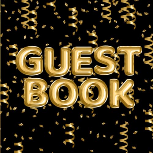 Gold and Black Guest Book: Gold Confetti and Foil Balloons Guest Book on Black with Gift Log