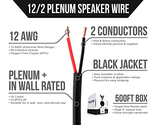 Voltive 12/2 Plenum Speaker Wire - 12 Awg/Gauge 2 Conductor - Ul Listed Plenum Rated (Cl2P/Cl3P/Cmp) - Oxygen-Free Copper (Ofc) - 500 Foot Bulk Cable Pull Box - Black #TOP1
