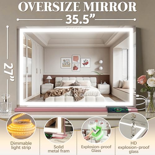 Image of FENNIO Large Vanity Mirror with Lights,35.5 inch x 27 inch LED Makeup Mirror,Hollywood Mirror with 3 Color Modes & Adjustable Brightness,Vanity Mirror Square Pink