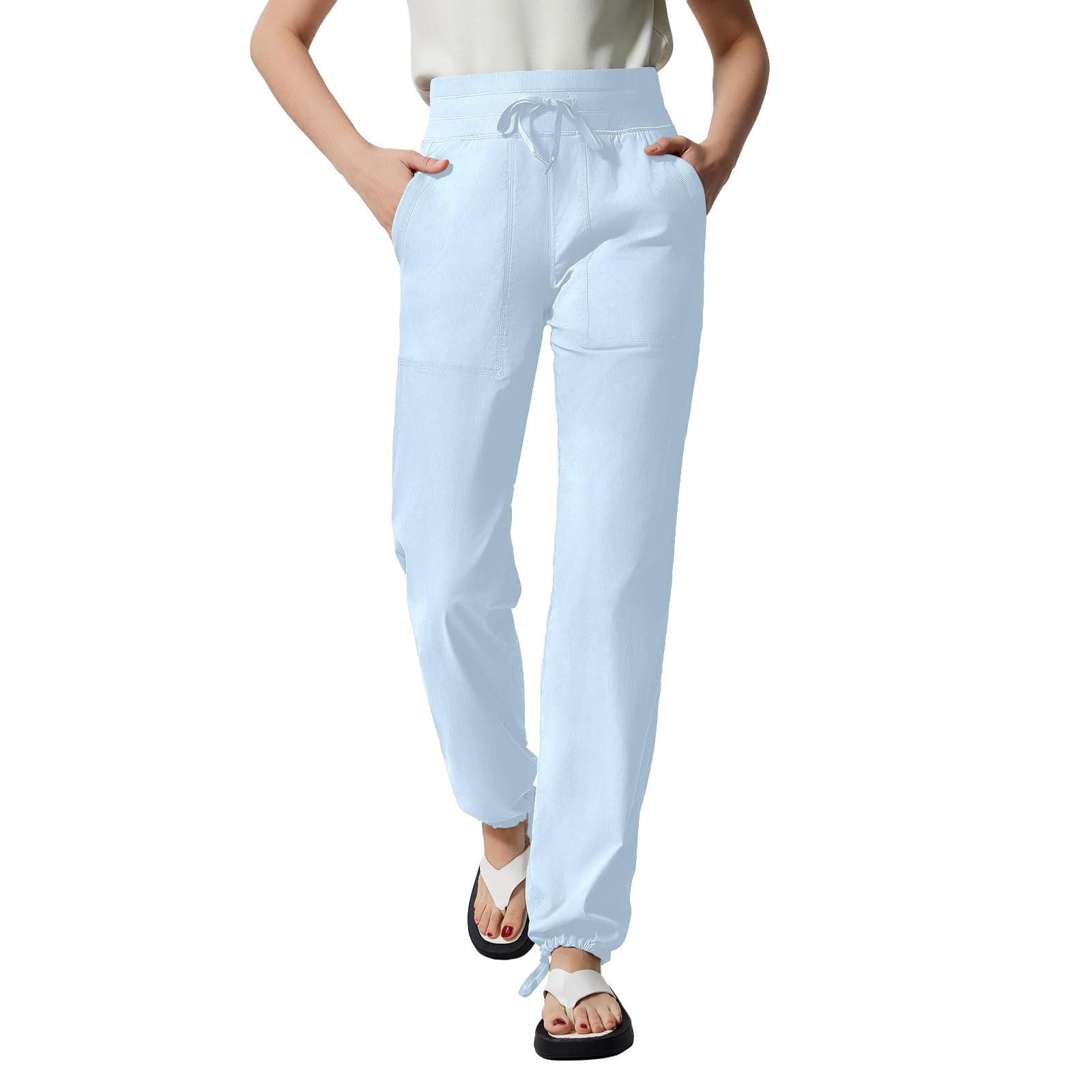 Women's Casual Loose Straight Leg Pants Breathable Drawstring Trousers for Everyday Wear Gym Hiking (Light Blue, XL)