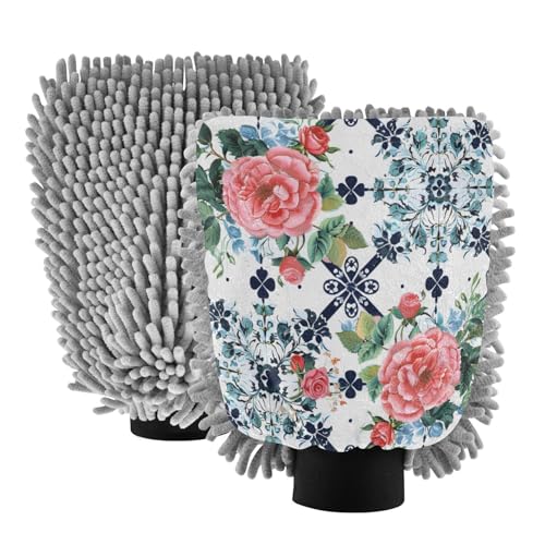 ALAZA Retro Rose Flower Floral Car Wash Mitt Scratch Free, 2 Pack Absorbent Microfiber/Chenille Washing & Drying Mitts, M