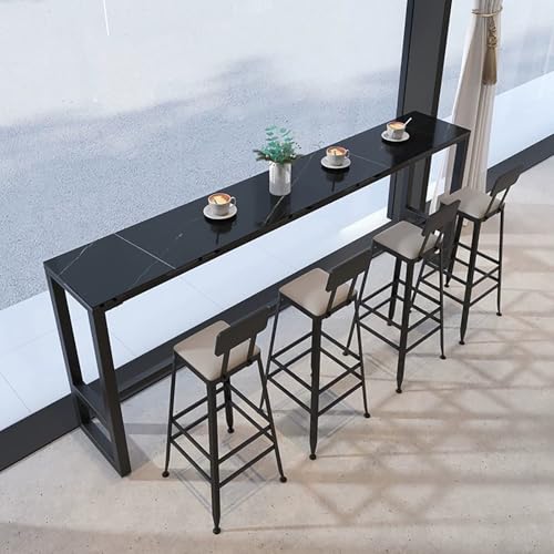 Mesa de bar industrial rectangular con parte superior de pizarra para cocina, balcón, cafetería, diseño de ahorro de espacio (negro, 140 x 40 x 105 cm)