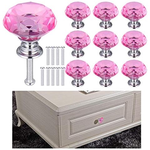 JIZZU 10Pcs Pink Crystal Door Knobs for Cupboards & Wardrobes with Screws, Glitter Pink Crystal Handles for Drawer, Elegant and Delicate Pink Door Knob for Chest of Drawer, Reflecting Brilliant Colors Cover