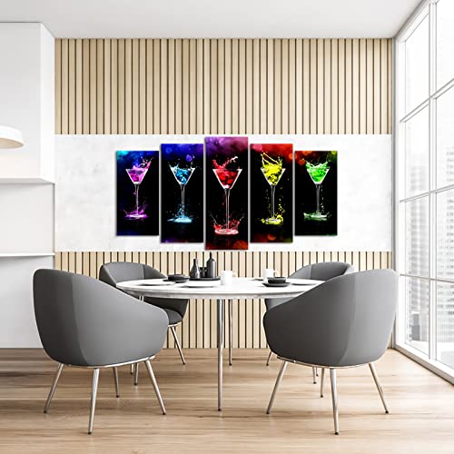 Kreative Arts Large 5 Multi-Panel Colorful Alcohol Cocktails Canvas Prints Drinks Wall Art Modern Wine Glass On Black Background Posters Giclee Print Artwork With Frame For Kitchen Room Bar Pub Walls Decor 60X32 Inches #TOP2