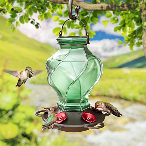 Auslar Hummingbird Feeder, Hummingbird Feeders For Outdoors Hanging, 21 Ounces Glass Hummingbird Feeder With 5 Feeding Stations, Spiral Shape Glass Bottle, Green #TOP1