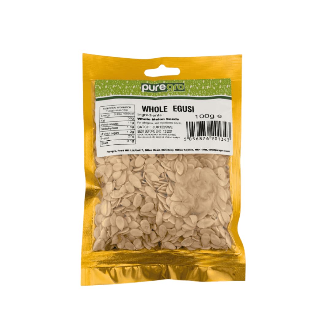 Puregro Whole Egusi 100g | Whole Melon Seeds | Traditional West African Ingredient | Ideal for Soups, Stews and Authentic African Cooking | Pantry Staple