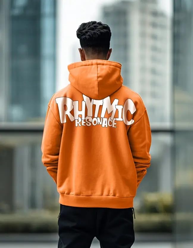 Image of Veirdo Cotton Fleece Regular Fit Hooded Sweatshirt Lastest Back Graphic Printed Winter Hoodies for Men (Available Colors: Marine Green, Marshmellow, Black, SOYA Bean, Orange & Blue)