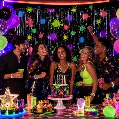 Neon Party Decorations - 3 Pcs Glow Blacklight Foil Fringe Curtain, Neon Splatter Tinsel Backdrop for Glow in The Dark Birthday Party, Neon Birthday Party Decorations (2.95 x 2.3 Ft) — view 4