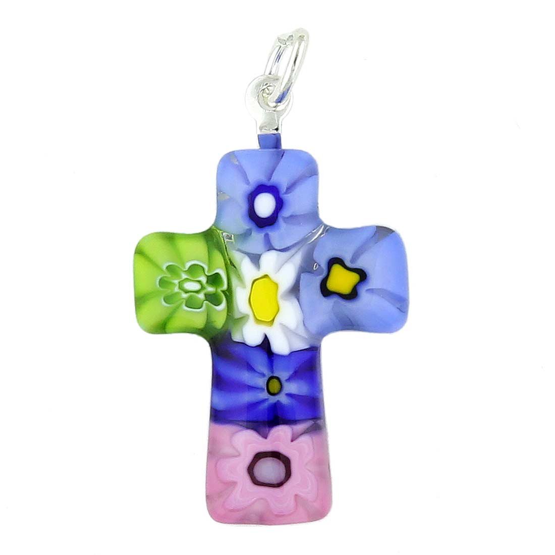 Glass Of VeniceMurano Glass Millefiori Cross Pendant Necklace for Women. 1" Glass Cross Multicolor with Silver-Plated Bail - Murano Glass Jewelry Gifts Handmade in Italy