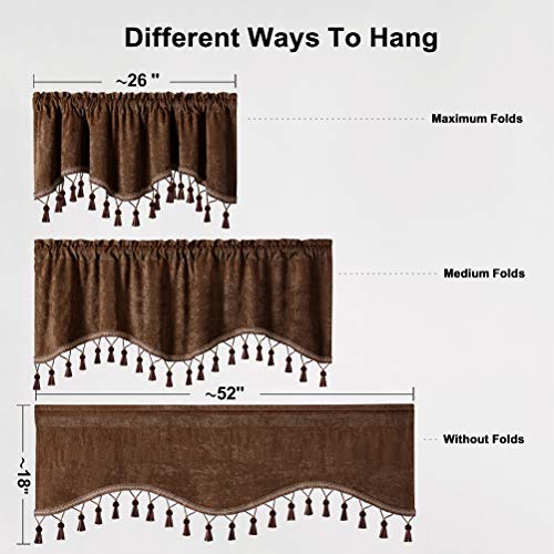 Elkca Double-Sided Chenille Window Curtains Tier For Kitchen,Rod Pocket,Chocolate Scalloped Valance For Living Room,Pack Of 2(Chocolate, 52" W X 18" L) #TOP5