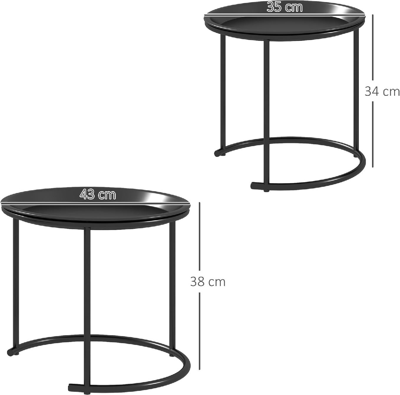 Tavolo da Giardino Rotondo Set 2 Tavolini in Acciaio Dimensioni 43x43x38 cm colore Nero