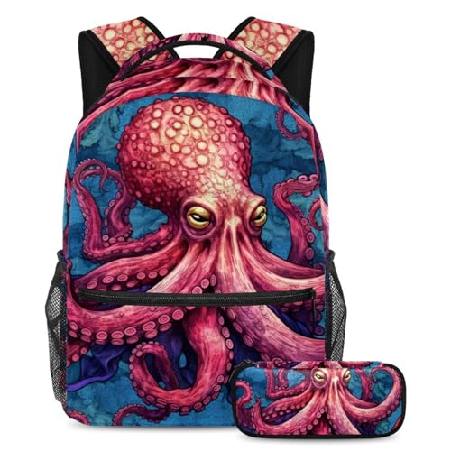 Cartable Deep Ocean Octopus grand volume taille Large avec trousse à crayons