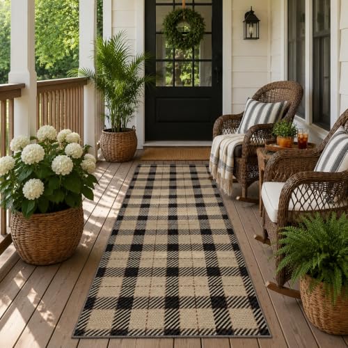 JTJ Easy Jute Plaid Runner Rug 2x6, Machine Washable Non Slip Kitchen Runner Rug, Black & Tan Indoor Outdoor Rug for Entryway, Hallway, Laundry Room, Patio & Porch, Low Pile Carpet