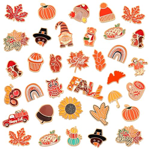 Image of SANNIX 60Pcs Fall Pins, Autumn Enamel Pins Bulk Thanksgiving Lapel Pins Pumpkin Turkey Maple Leaf Brooch Pins for Clothes Bags Hats Accessories, 30 Styles