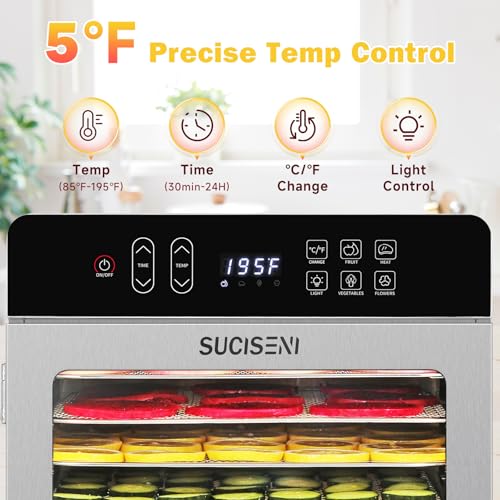 Image of SUCISENI Food Dehydrator for Jerky, 10 Stainless Steel Trays 9ft Dehydrator Machine, 1000W Dehydrator with 24H Timer 195℉ Temperature Control for Meat, Fruits, Veggies, Dog Treats