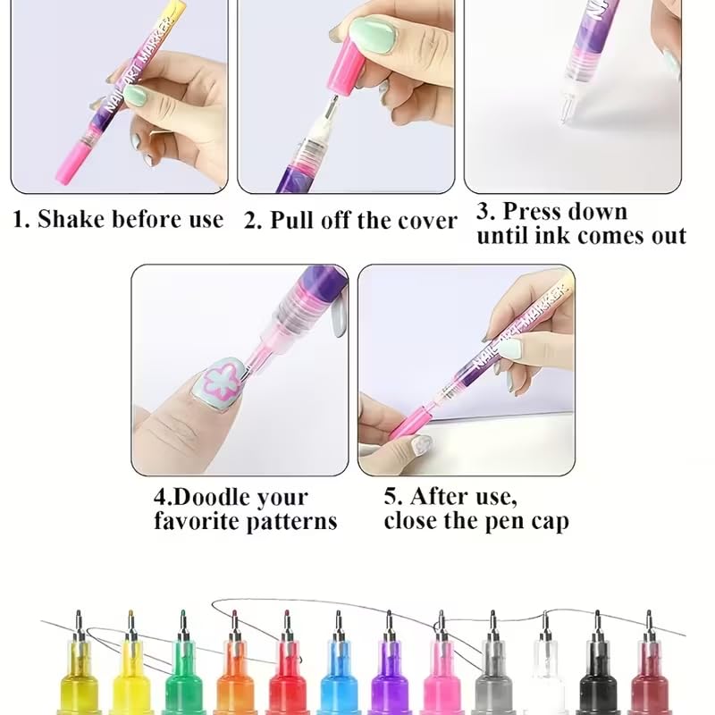 Nail Art Pens, New 12 Colors Quick-drying Waterproof Nail Art Markers for 3D Nail Art, Fine Tip 0.5mm Nail Polish Pens for DIY Nail Design, Portable Salon Tools for Home Manicure and Kids Gifts