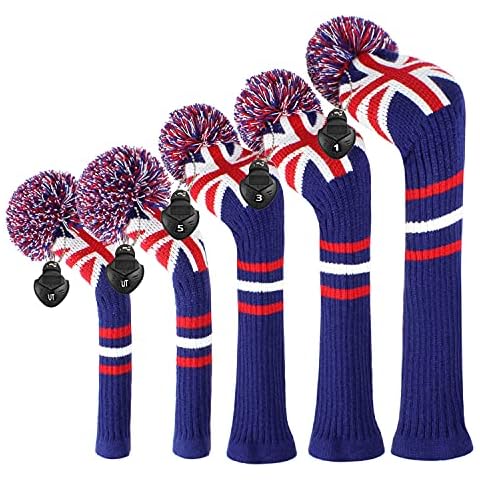 Scott Edward Golf Head Covers for Woods 5 PCS Knit Golf Club Cover Driver Cover*1 Fairway Wood*2 Hybrid (UT)*2, Stain Resistant&Washable, with Fluffy Pom Poms (UK Stripes) Cover