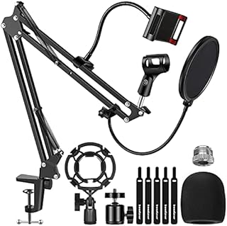 InnoGear Microphone Stand, Mic Stand with Phone Holder, Pop Filter, Shock Mount, Microphone Windscreen, Mic Clip, Table Mounting Clamp, Cable Ties, 3/8'' to 5/8'' Screw Adapter